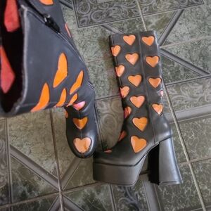 Heart Patterned Black and Orange Women's Boots